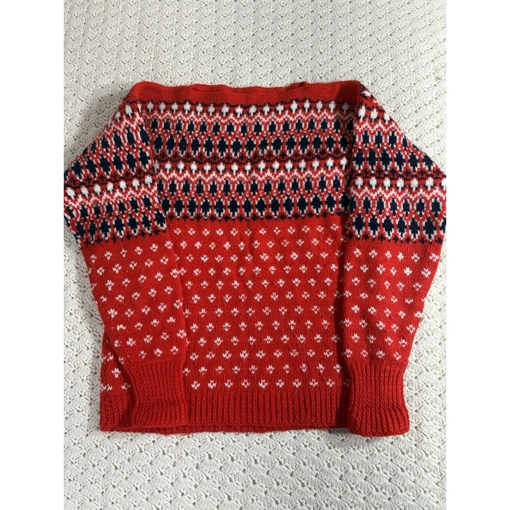 Vtg Hand Knit Fair Isle Nordic Red Sweater Winter Pullover Women's Size Medium